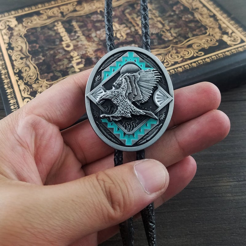 QUKE American Western Cowboy 3D Bald Eagle Sunset Bolo Tie Genunie Leather - Image 4